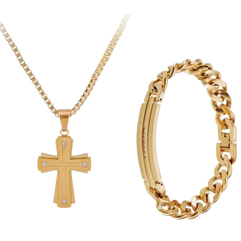 AMERICAN EXCHANGE Mens Goldtone Plated Diamond Cross Necklace & Bracelet 0.1 ctw